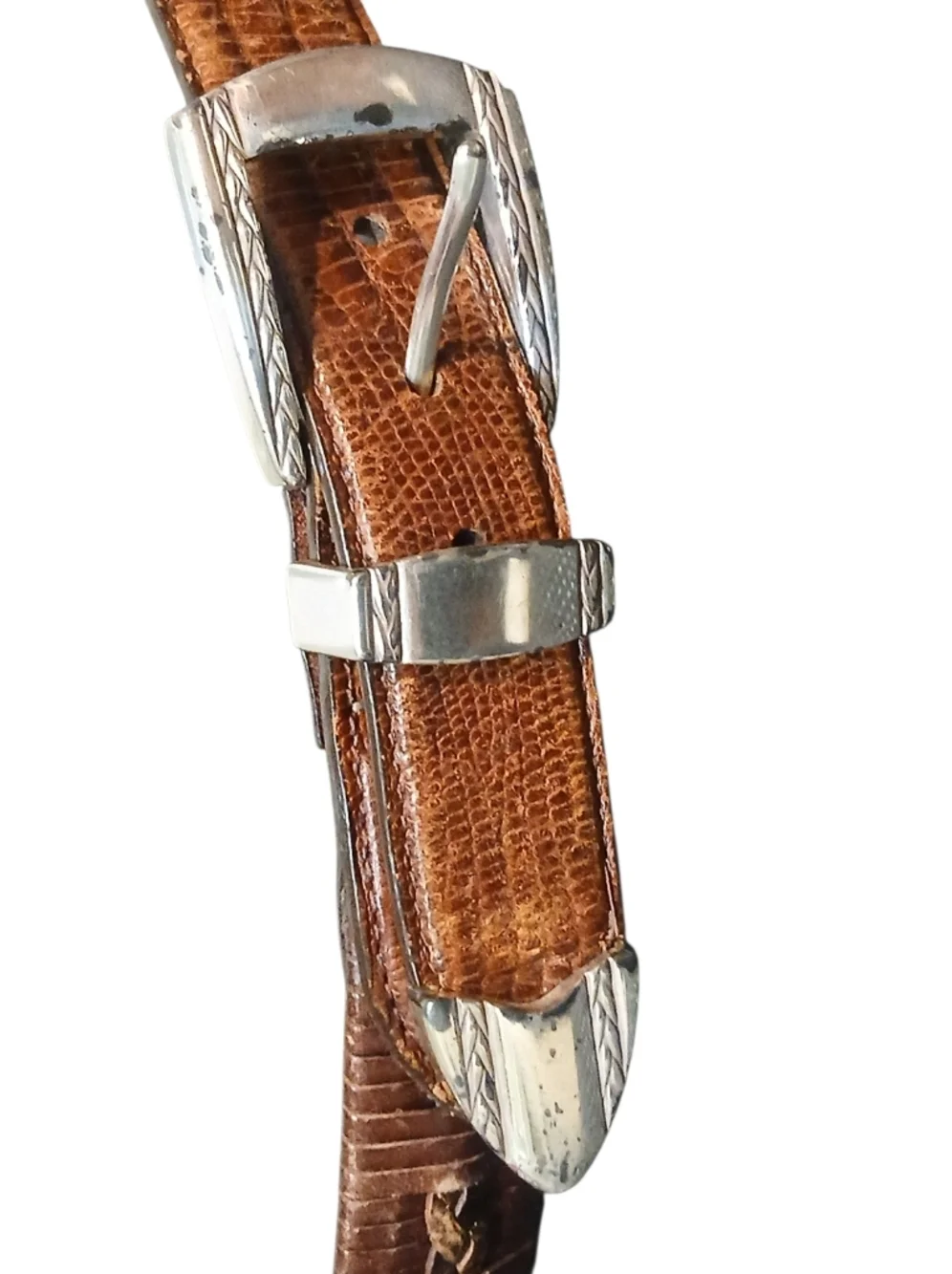 Brighton -Men's Brown Leather Belt, Geometric Pattern Bohemian Type Buckle 40 in